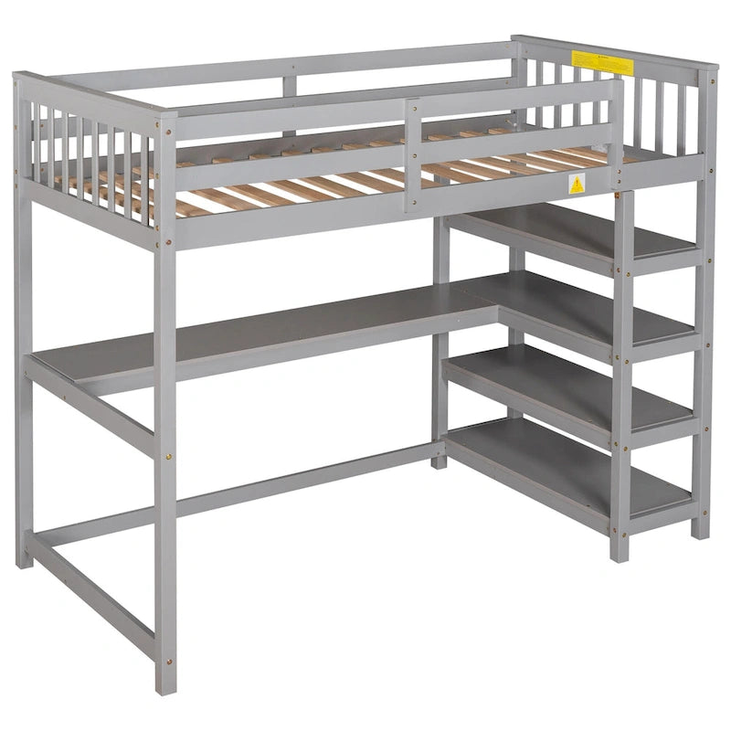 Twin Size Loft Bed with Storage Shelves and Under-Bed Desk