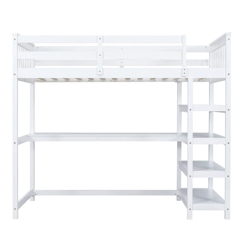 Twin Size Loft Bed with Storage Shelves and Under-Bed Desk