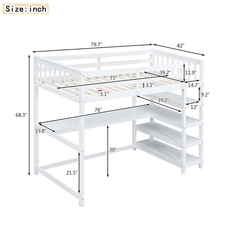 Twin Size Loft Bed with Storage Shelves and Under-Bed Desk