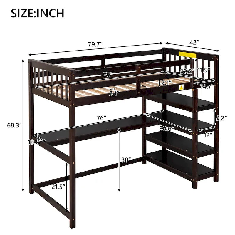 Twin Size Loft Bed with Storage Shelves and Under-Bed Desk