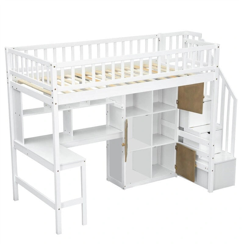 Twin Size Loft Bed with Bulit-in Desk, and Storage Staircase, Wooden Loft Bedframe with Storage Shelves and Cabinets