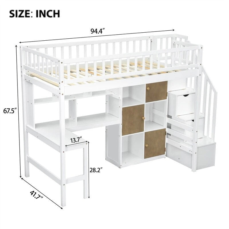 Twin Size Loft Bed with Bulit-in Desk, and Storage Staircase, Wooden Loft Bedframe with Storage Shelves and Cabinets