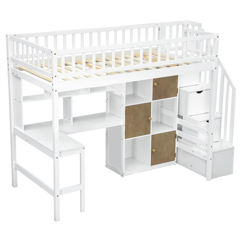 Twin Size Loft Bed with Bulit-in Desk, and Storage Staircase, Wooden Loft Bedframe with Storage Shelves and Cabinets