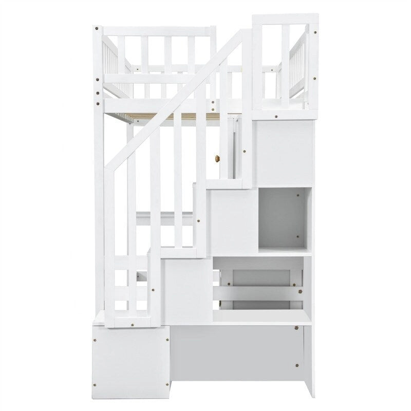 Twin Size Loft Bed with Bulit-in Desk, and Storage Staircase, Wooden Loft Bedframe with Storage Shelves and Cabinets