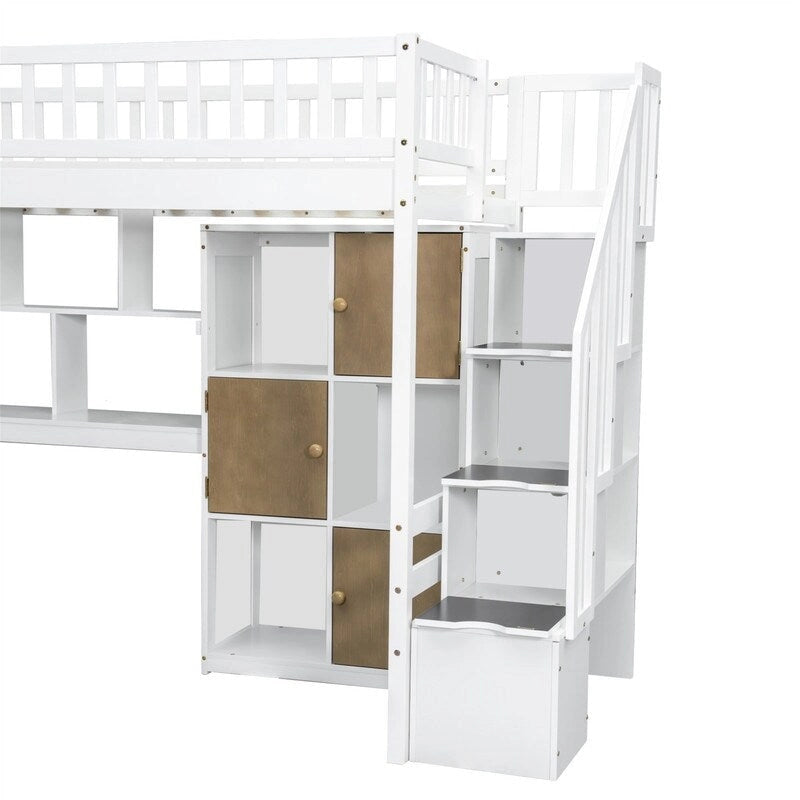 Twin Size Loft Bed with Bulit-in Desk, and Storage Staircase, Wooden Loft Bedframe with Storage Shelves and Cabinets