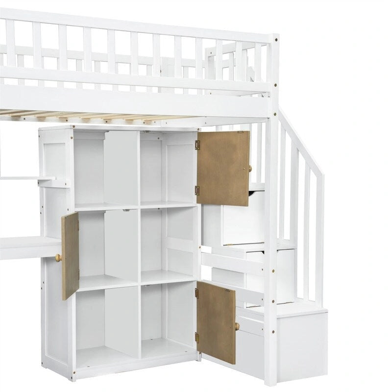 Twin Size Loft Bed with Bulit-in Desk, and Storage Staircase, Wooden Loft Bedframe with Storage Shelves and Cabinets