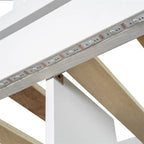 Letto a soppalco singolo con scrivania integrata, scala contenitore, struttura in legno con ripiani e armadietti