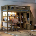 Letto a soppalco singolo con scrivania integrata, scala contenitore, struttura in legno con ripiani e armadietti