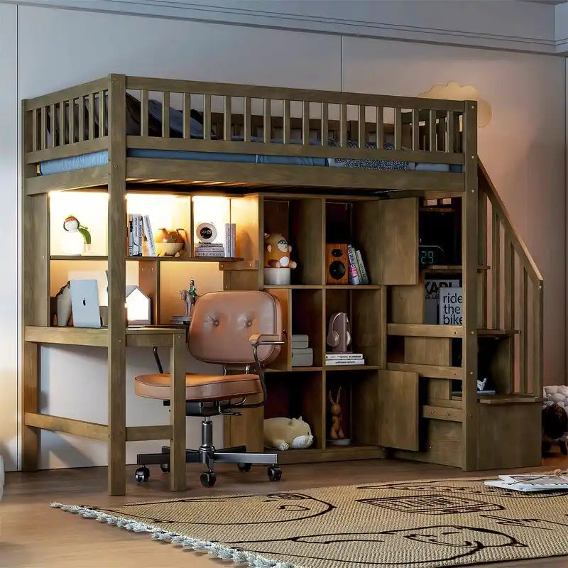 Twin Size Loft Bed with Bulit-in Desk, and Storage Staircase, Wooden Loft Bedframe with Storage Shelves and Cabinets