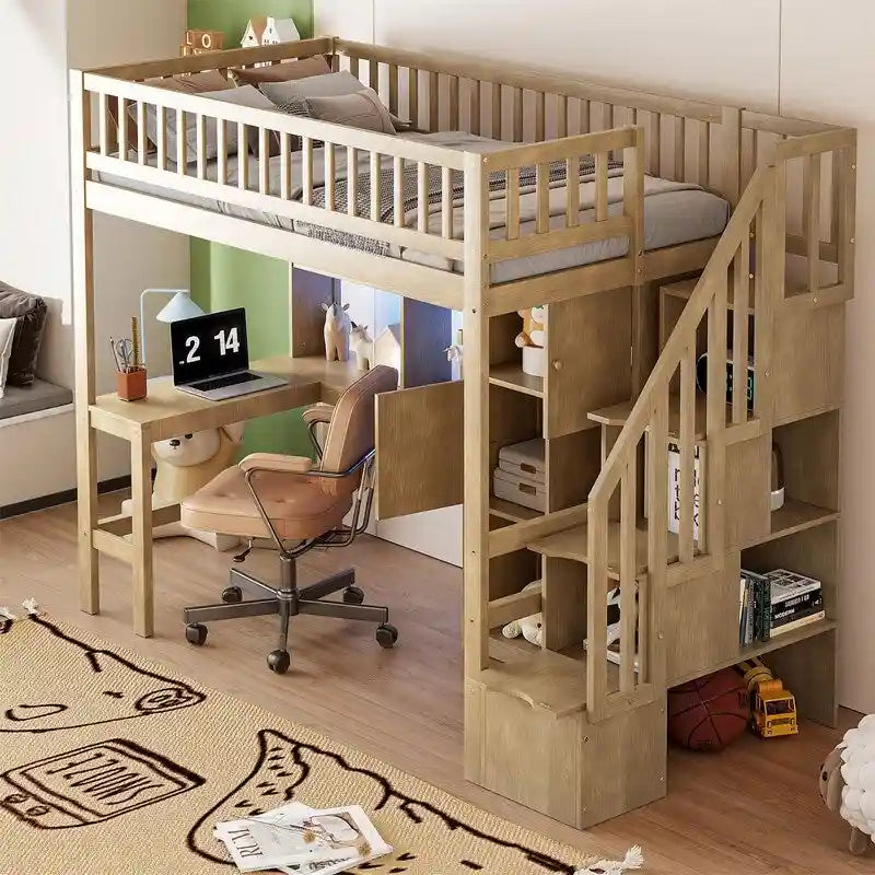 Twin Size Loft Bed with Bulit-in Desk, and Storage Staircase, Wooden Loft Bedframe with Storage Shelves and Cabinets