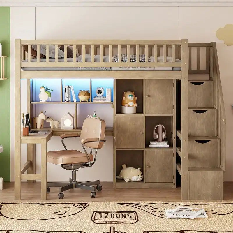 Twin Size Loft Bed with Bulit-in Desk, and Storage Staircase, Wooden Loft Bedframe with Storage Shelves and Cabinets