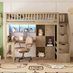 Letto a soppalco singolo con scrivania integrata, scala contenitore, struttura in legno con ripiani e armadietti