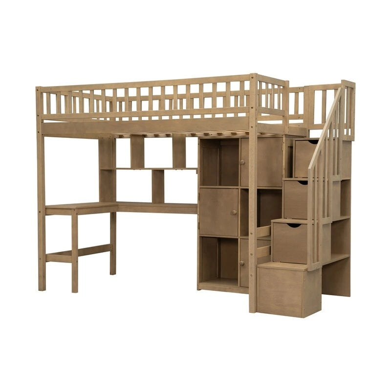 Twin Size Loft Bed with Bulit-in Desk, and Storage Staircase, Wooden Loft Bedframe with Storage Shelves and Cabinets
