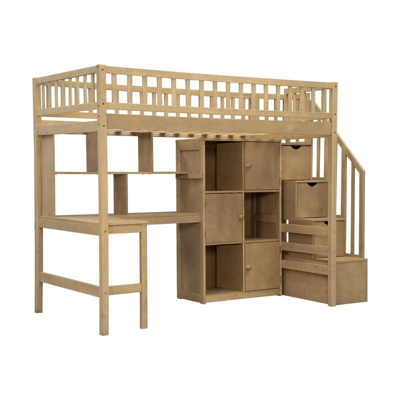 Twin Size Loft Bed with Bulit-in Desk, and Storage Staircase, Wooden Loft Bedframe with Storage Shelves and Cabinets