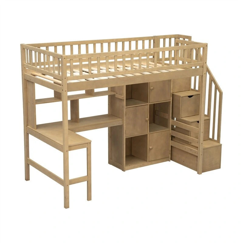 Twin Size Loft Bed with Bulit-in Desk, and Storage Staircase, Wooden Loft Bedframe with Storage Shelves and Cabinets