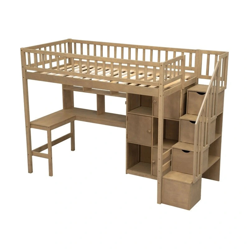 Twin Size Loft Bed with Bulit-in Desk, and Storage Staircase, Wooden Loft Bedframe with Storage Shelves and Cabinets