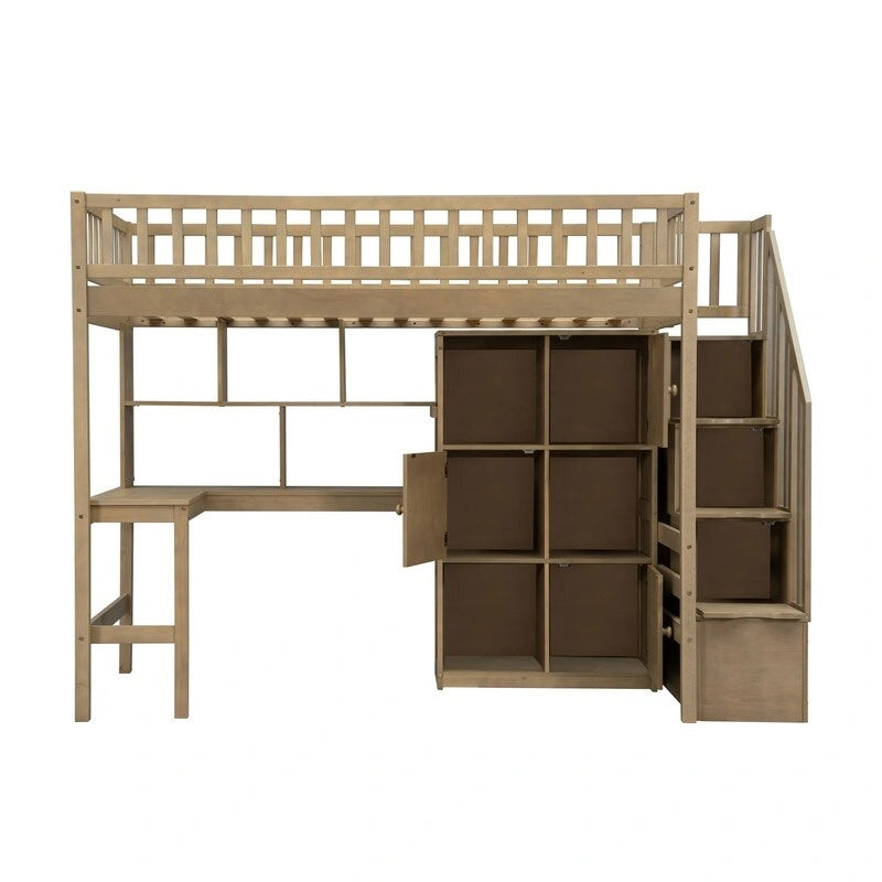 Twin Size Loft Bed with Bulit-in Desk, and Storage Staircase, Wooden Loft Bedframe with Storage Shelves and Cabinets