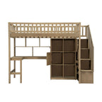 Letto a soppalco singolo con scrivania integrata, scala contenitore, struttura in legno con ripiani e armadietti