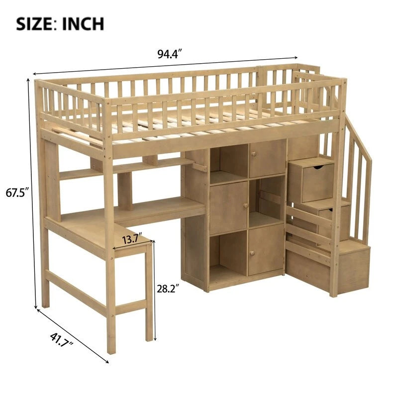 Twin Size Loft Bed with Bulit-in Desk, and Storage Staircase, Wooden Loft Bedframe with Storage Shelves and Cabinets