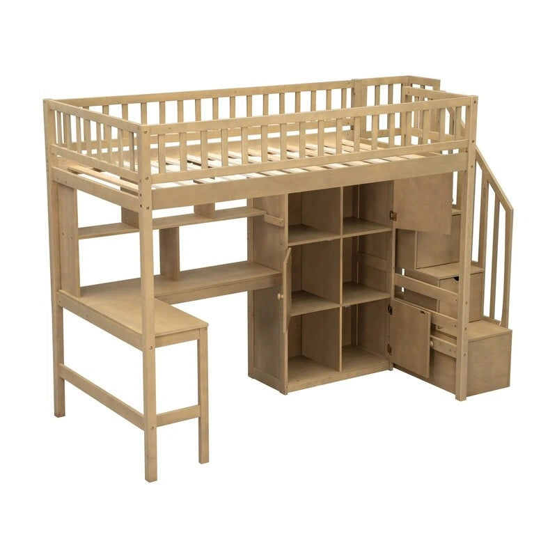 Twin Size Loft Bed with Bulit-in Desk, and Storage Staircase, Wooden Loft Bedframe with Storage Shelves and Cabinets