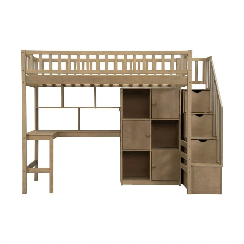 Twin Size Loft Bed with Bulit-in Desk, and Storage Staircase, Wooden Loft Bedframe with Storage Shelves and Cabinets
