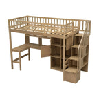 Letto a soppalco singolo con scrivania integrata, scala contenitore, struttura in legno con ripiani e armadietti