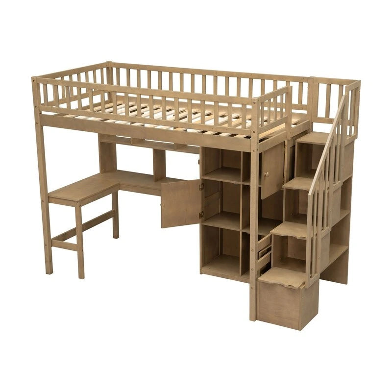 Twin Size Loft Bed with Bulit-in Desk, and Storage Staircase, Wooden Loft Bedframe with Storage Shelves and Cabinets