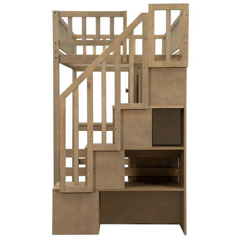 Twin Size Loft Bed with Bulit-in Desk, and Storage Staircase, Wooden Loft Bedframe with Storage Shelves and Cabinets