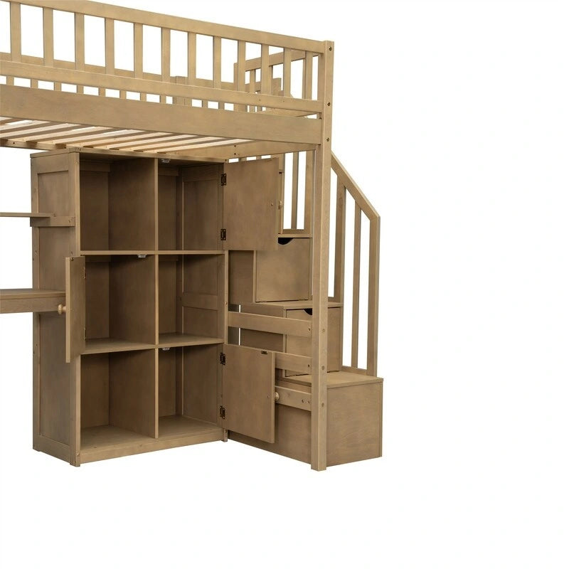Twin Size Loft Bed with Bulit-in Desk, and Storage Staircase, Wooden Loft Bedframe with Storage Shelves and Cabinets