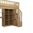 Letto a soppalco singolo con scrivania integrata, scala contenitore, struttura in legno con ripiani e armadietti