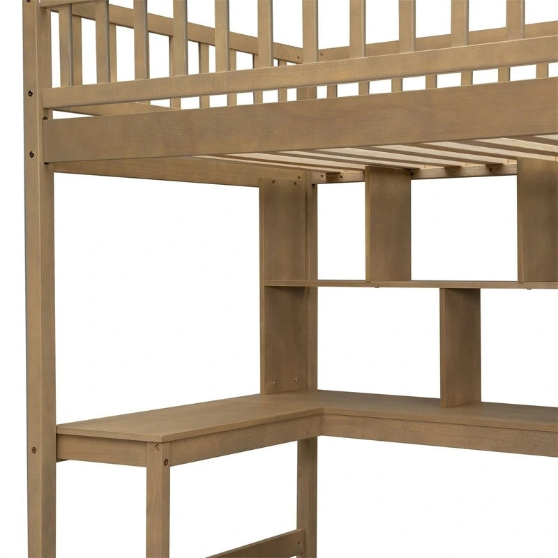 Twin Size Loft Bed with Bulit-in Desk, and Storage Staircase, Wooden Loft Bedframe with Storage Shelves and Cabinets