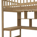 Letto a soppalco singolo con scrivania integrata, scala contenitore, struttura in legno con ripiani e armadietti