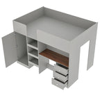Letto a soppalco in legno Full Size con armadio integrato, scrivania, ripiani contenitore e cassetti, beige