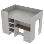 Letto a soppalco in legno Full Size con armadio integrato, scrivania, ripiani contenitore e cassetti, beige