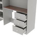Letto a soppalco in legno Full Size con armadio integrato, scrivania, ripiani contenitore e cassetti, beige