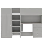 Letto a soppalco in legno Full Size con armadio integrato, scrivania, ripiani contenitore e cassetti, beige