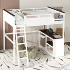Letto a soppalco Queen Size con scrivania, ripiano aperto e contenitore, stazione di ricarica USB, bianco