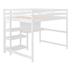 Letto a soppalco matrimoniale con scrivania, ripiani a 3 livelli e lavagna scrivibile, letto contenitore in legno con scala e sponde di sicurezza
