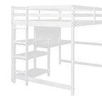 Letto a soppalco matrimoniale con scrivania, ripiani a 3 livelli e lavagna scrivibile, letto contenitore in legno con scala e sponde di sicurezza