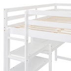 Letto a soppalco matrimoniale con scrivania, ripiani a 3 livelli e lavagna scrivibile, letto contenitore in legno con scala e sponde di sicurezza