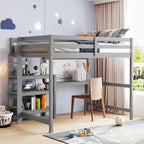 Letto a soppalco matrimoniale con scrivania, ripiani a 3 livelli e lavagna scrivibile, letto contenitore in legno con scala e sponde di sicurezza