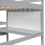 Letto a soppalco matrimoniale con scrivania, ripiani a 3 livelli e lavagna scrivibile, letto contenitore in legno con scala e sponde di sicurezza