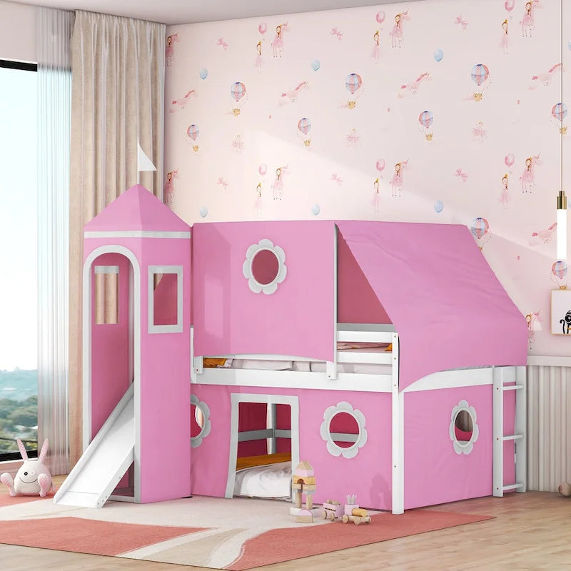 Cute Solid Wood House Loft Bed with Slide, Tent, and Tower for Bedroom