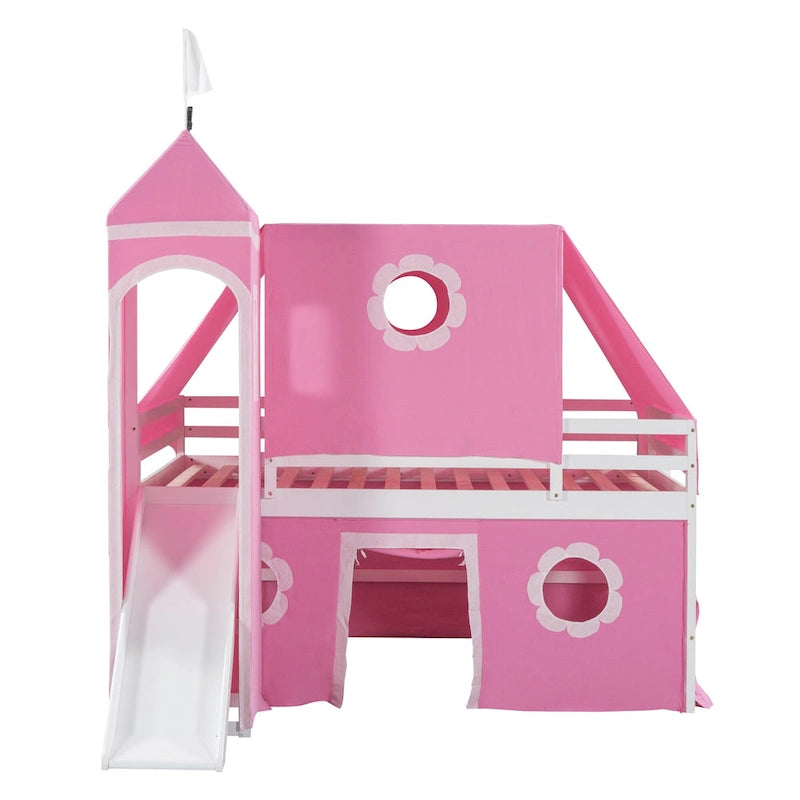 Cute Solid Wood House Loft Bed with Slide, Tent, and Tower for Bedroom