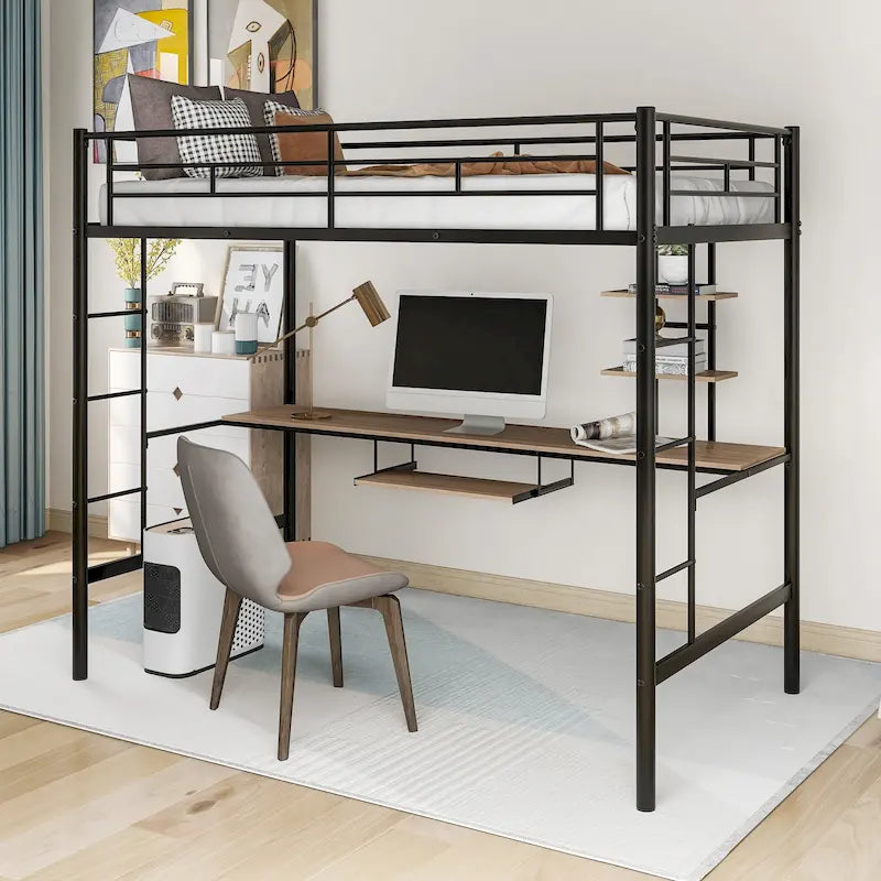 Twin Size Metal Loft Bed with Desk and Shelf, Space for Kids, Bedroom