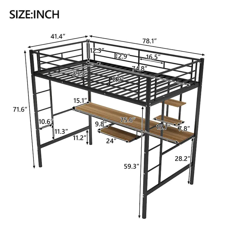 Twin Size Metal Loft Bed with Desk and Shelf, Space for Kids, Bedroom