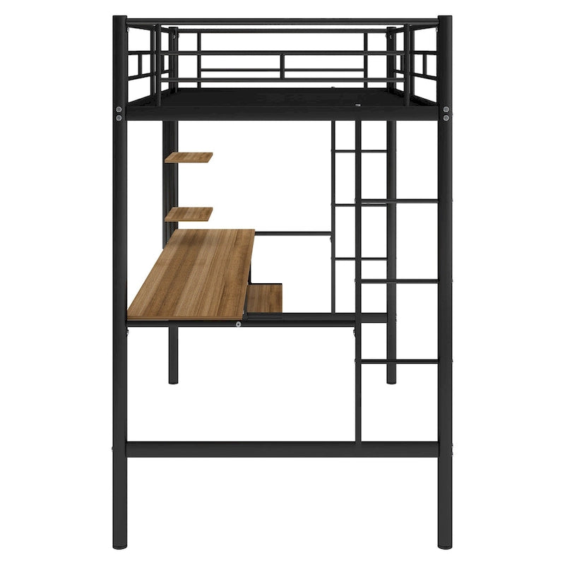 Twin Size Metal Loft Bed with Desk and Shelf, Space for Kids, Bedroom