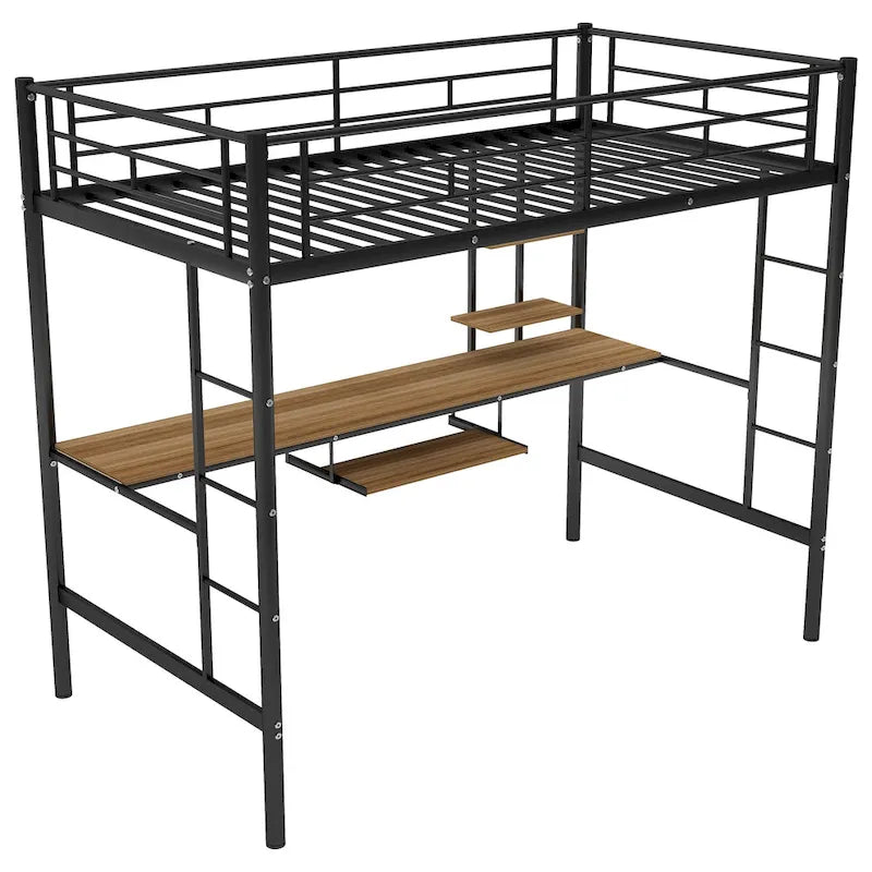 Twin Size Metal Loft Bed with Desk and Shelf, Space for Kids, Bedroom