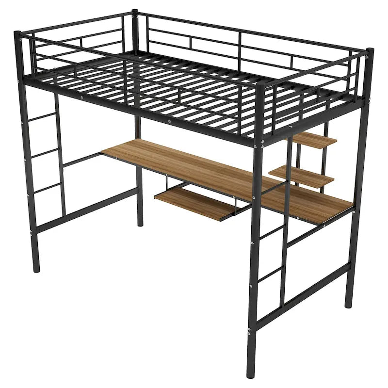 Twin Size Metal Loft Bed with Desk and Shelf, Space for Kids, Bedroom