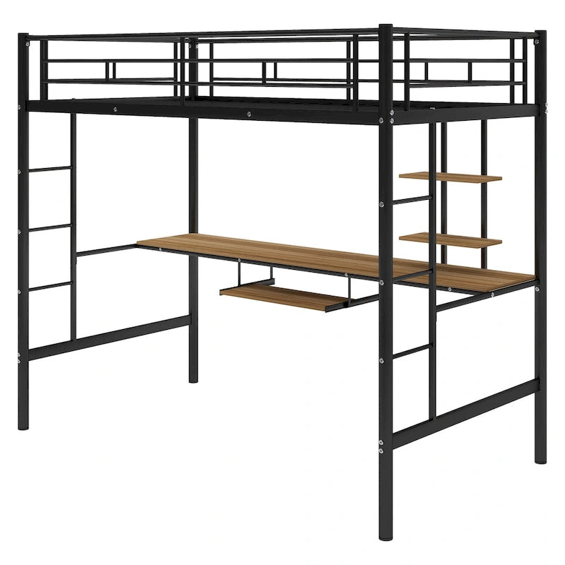 Twin Size Metal Loft Bed with Desk and Shelf, Space for Kids, Bedroom